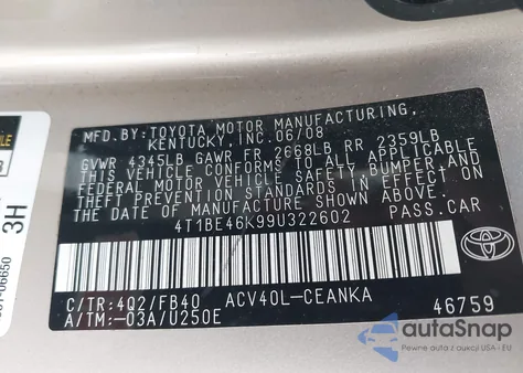 2009 Toyota Camry Base from USA, damaged, VIN 4T1BE46K99U322602